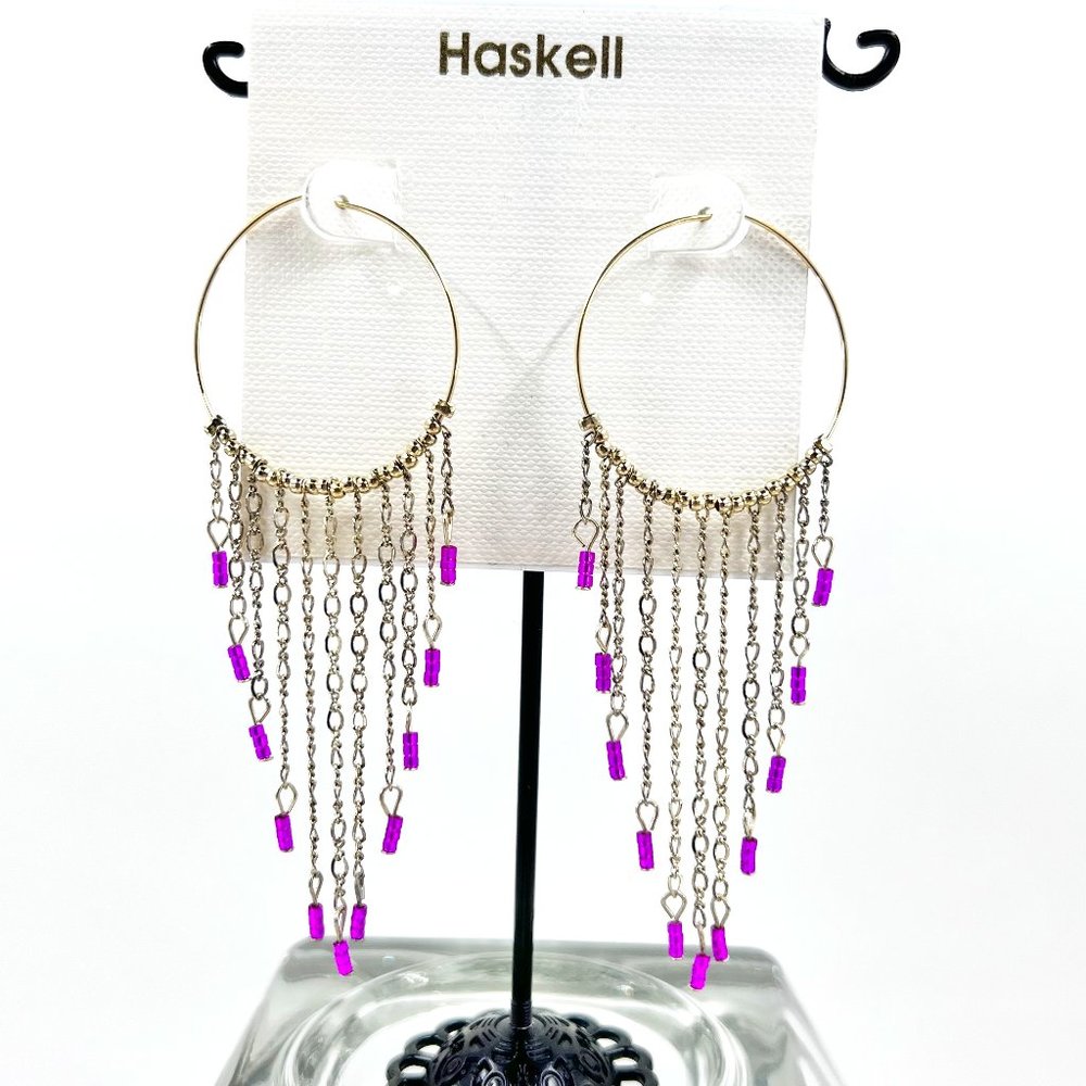 NWT - Haskell - Large Gold Tone Hoop Pink Beaded Chain Dangle Earrings